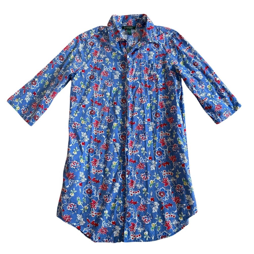 Lauren Ralph Lauren Womens Sz S Floral Print Blue Button-Down Tunic Dress